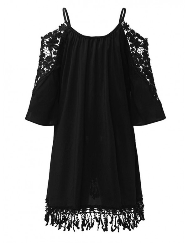 Women Off Shoulder Lace Strap Hollow Half Sleeve Casual Mini Dresses