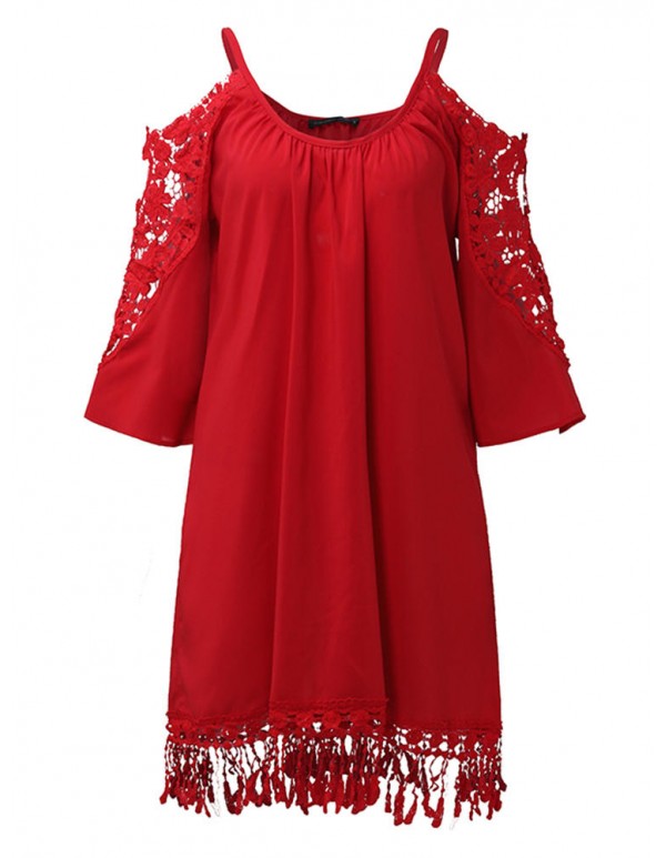 Women Off Shoulder Lace Strap Hollow Half Sleeve Casual Mini Dresses