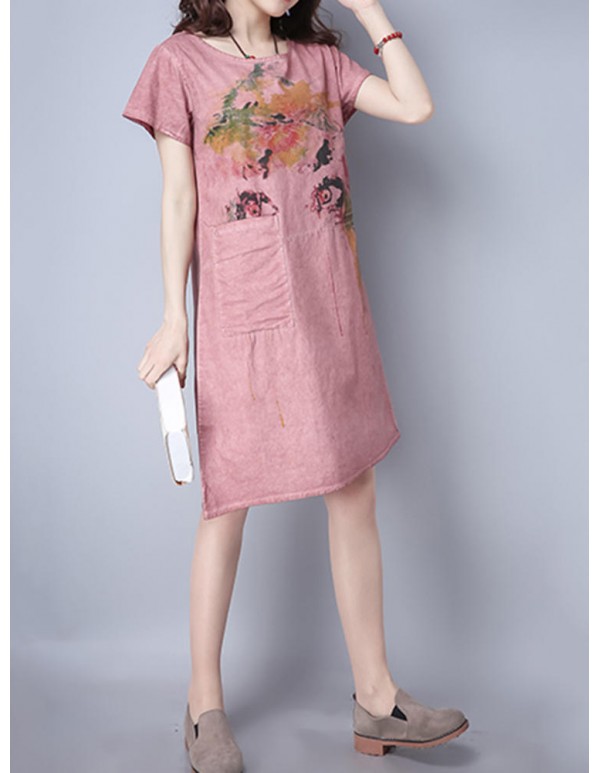 Women Vintage Short Sleeve Printed Dresses Pocket Round Neck Dress