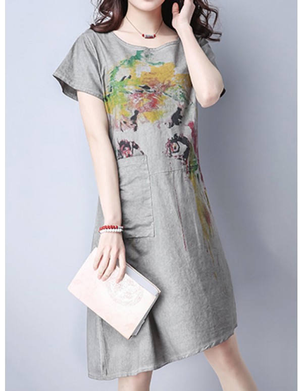 Women Vintage Short Sleeve Printed Dresses Pocket Round Neck Dress