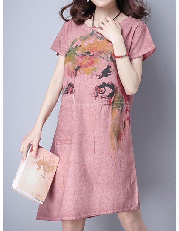 Women Vintage Short Sleeve Printed Dresses Pocket Round Neck Dress