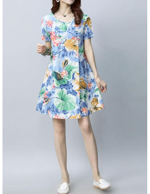 Women Vintage Floral Printed Dresses Short Sleeve O-Neck Dress