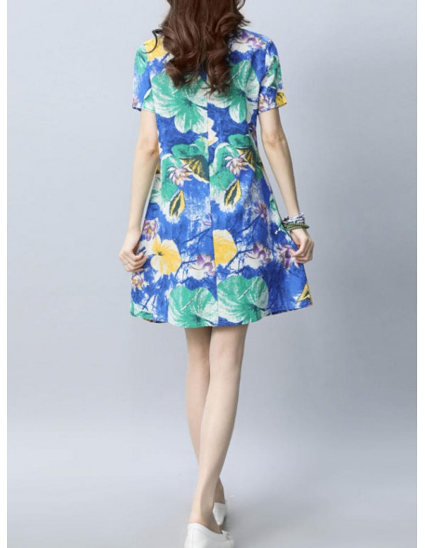 Women Vintage Floral Printed Dresses Short Sleeve O-Neck Dress