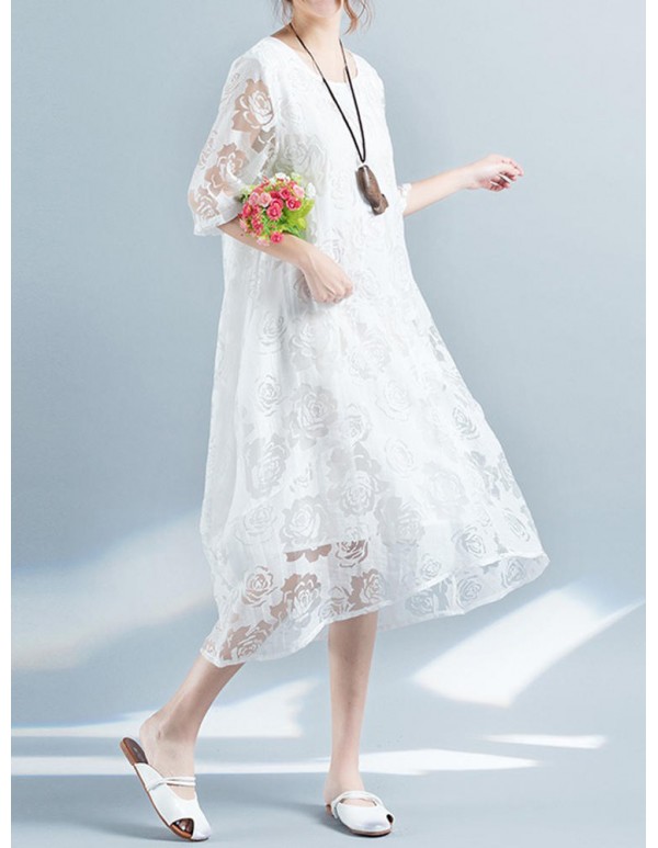 Folk Style Women Jacquard Half Sleeve Loose Dresses