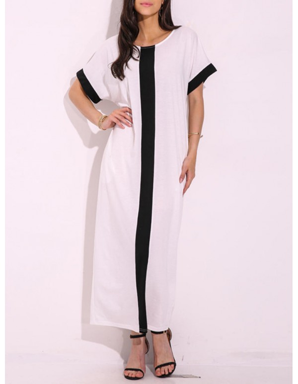 Women Casual Contrast Panel Stripe Scoop Neck Maxi Dress With Pocket