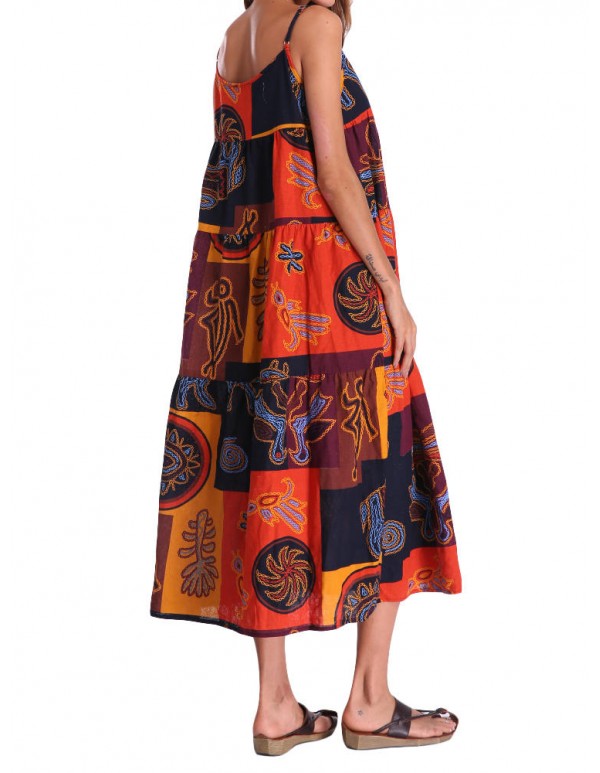 Women Spaghetti Strap Pattern Printed Patchwork Maxi Dress