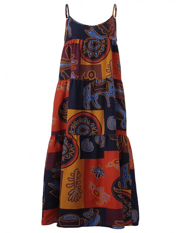 Women Spaghetti Strap Pattern Printed Patchwork Maxi Dress