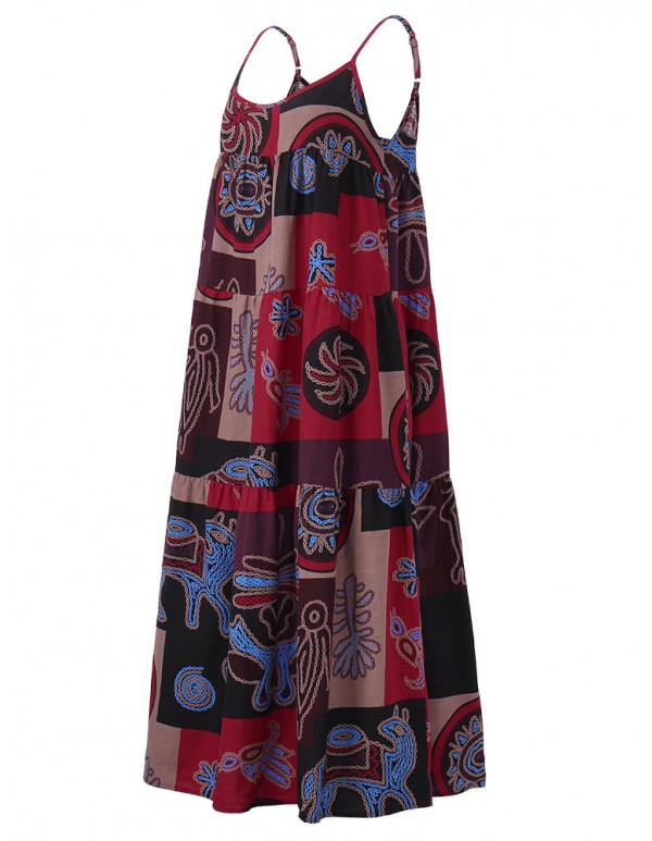 Women Spaghetti Strap Pattern Printed Patchwork Maxi Dress