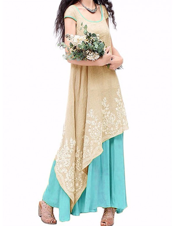 Vintage Women O-Neck Floral Crochet Embroidery Layered Maxi Dress