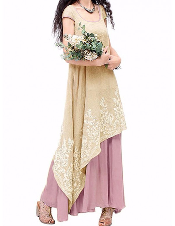 Vintage Women O-Neck Floral Crochet Embroidery Layered Maxi Dress