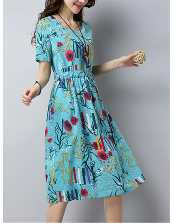 Women Vintage Print Dresses O-Neck Short Sleeve Summer Dress