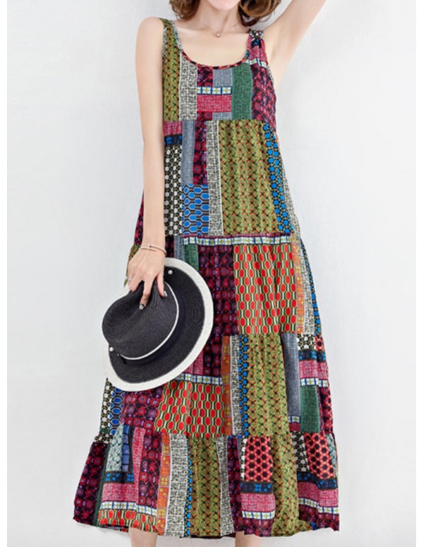 Gracila Bohemian Women Sleeveless Patchwork O-Neck Maxi Tank Dress