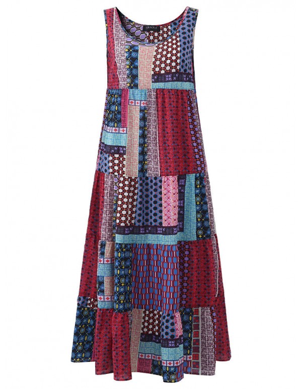 Gracila Bohemian Women Sleeveless Patchwork O-Neck Maxi Tank Dress