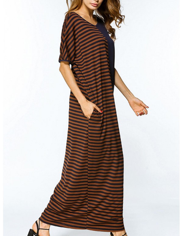 Women Short Sleeve Stripe Patchwork Loose O-neck Maxi Dresses