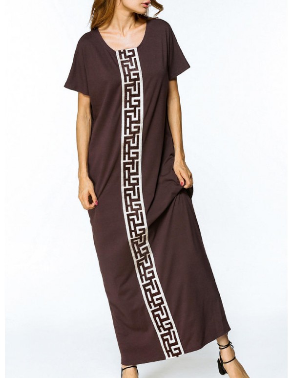 Women Short Sleeve Embroidery Patchwork Loose Maxi Dresses