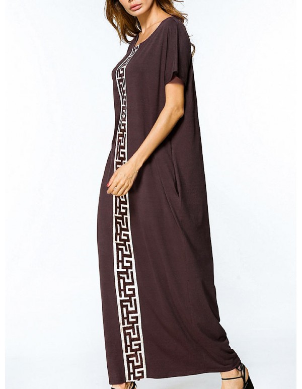 Women Short Sleeve Embroidery Patchwork Loose Maxi Dresses