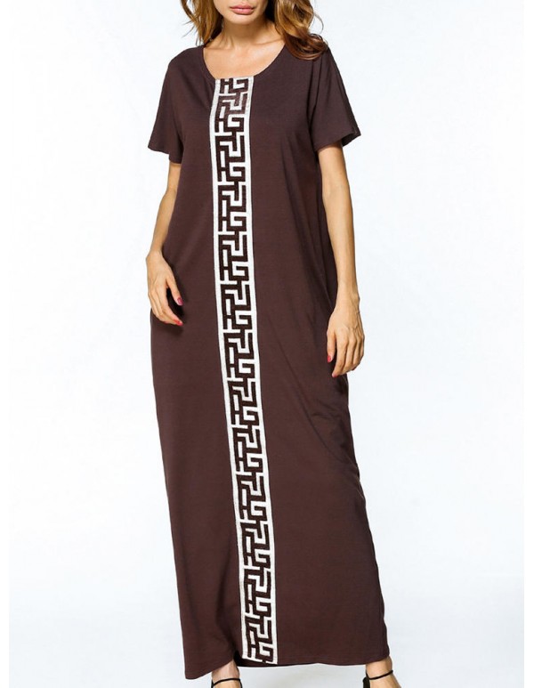 Women Short Sleeve Embroidery Patchwork Loose Maxi Dresses