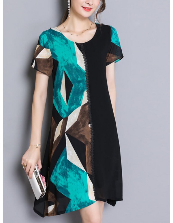 Women Chiffon Geometric Printing Patchwork Irregular Dress