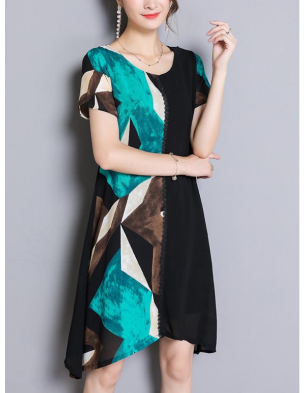 Women Chiffon Geometric Printing Patchwork Irregular Dress