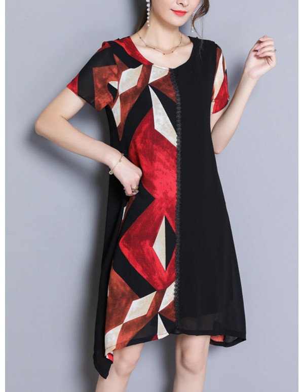 Women Chiffon Geometric Printing Patchwork Irregular Dress