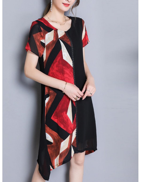 Women Chiffon Geometric Printing Patchwork Irregular Dress