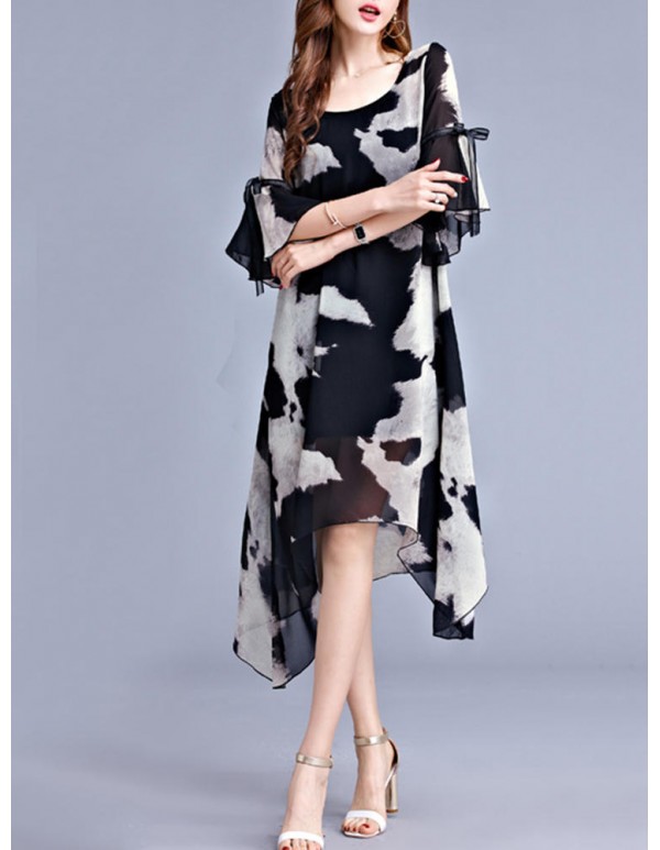 Women Chiffon Printed Flared-Sleeve Bowknot Irregular Hem Dress