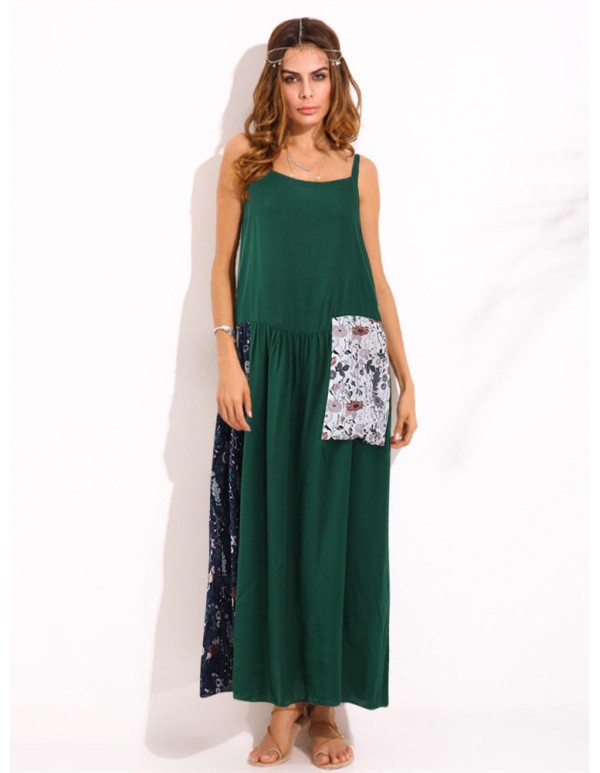 Women Spaghetti Strap Printed Patchwork Maxi Dress With Pocket