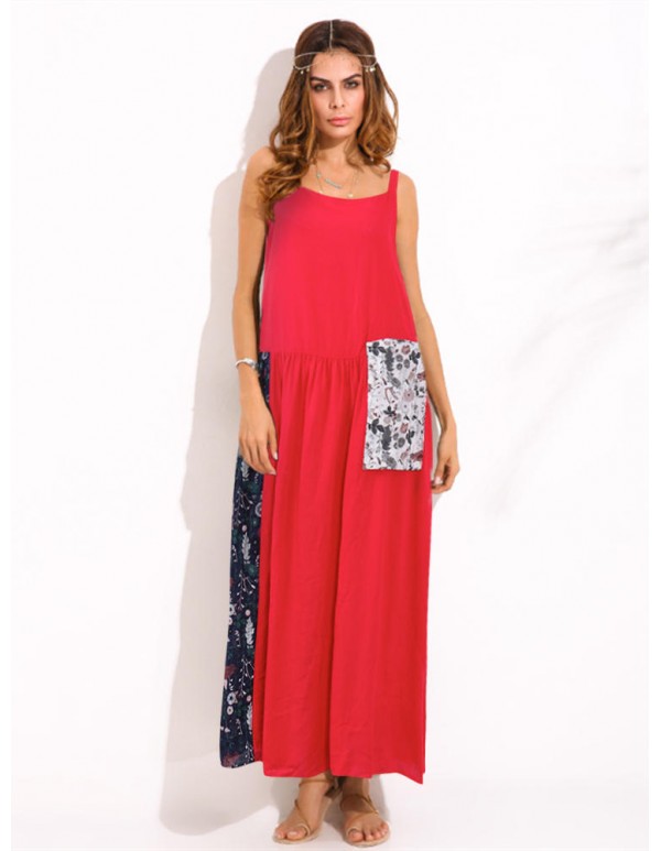 Women Spaghetti Strap Printed Patchwork Maxi Dress With Pocket