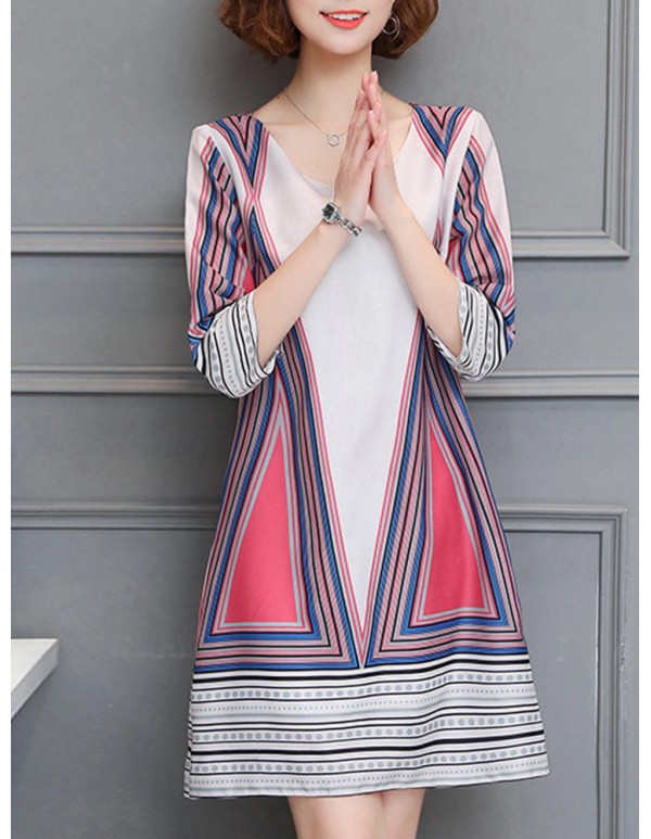 Women Sexy Patchwork Round Neck Dresses Three Quarter Sleeve Mini Dress