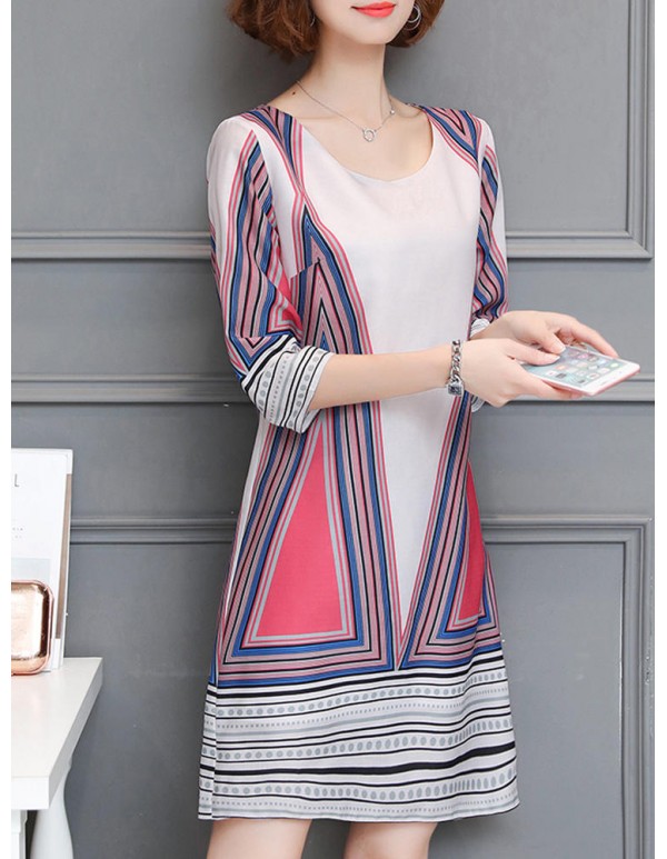 Women Sexy Patchwork Round Neck Dresses Three Quarter Sleeve Mini Dress