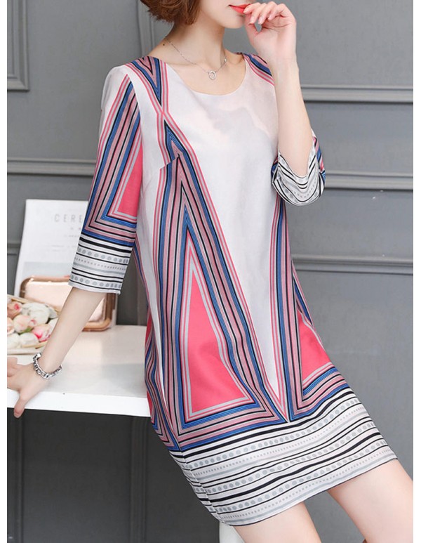 Women Sexy Patchwork Round Neck Dresses Three Quarter Sleeve Mini Dress