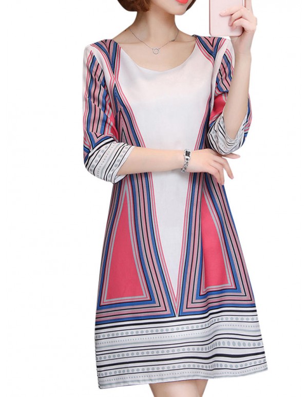 Women Sexy Patchwork Round Neck Dresses Three Quarter Sleeve Mini Dress