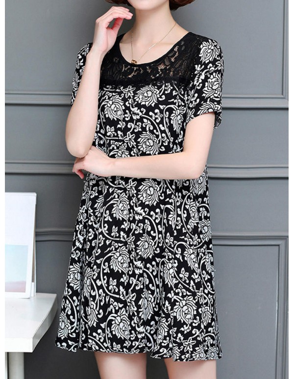 Women Sexy Lace Print Short Sleeved Dresses Round Neck Mini Dress