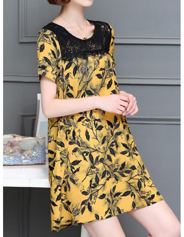 Women Sexy Lace Print Short Sleeved Dresses Round Neck Mini Dress