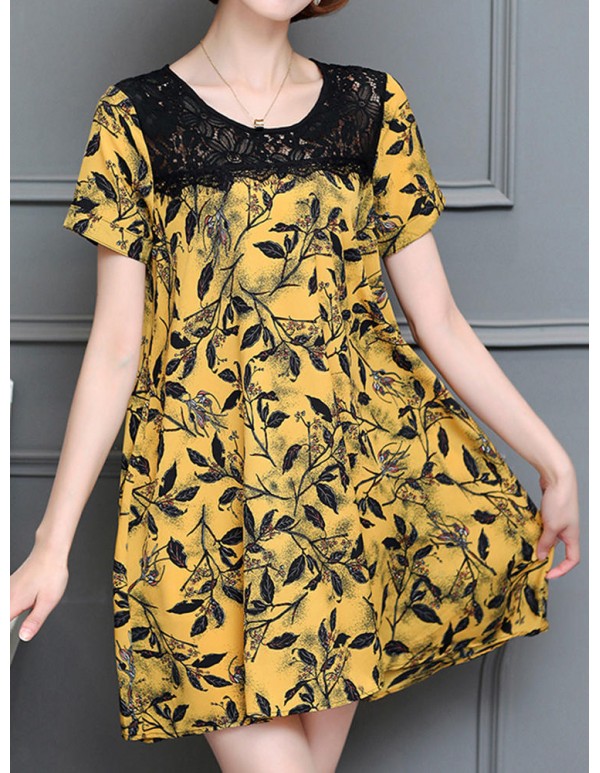 Women Sexy Lace Print Short Sleeved Dresses Round Neck Mini Dress