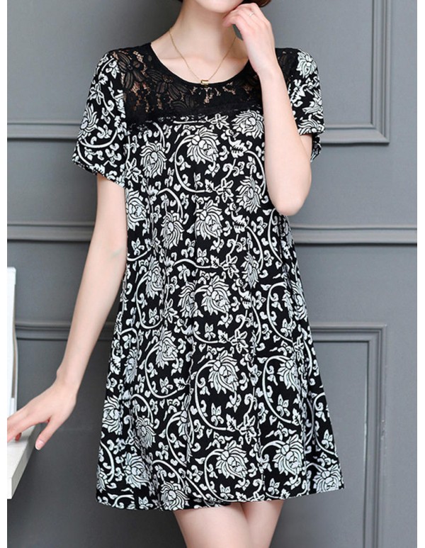 Women Sexy Lace Print Short Sleeved Dresses Round Neck Mini Dress