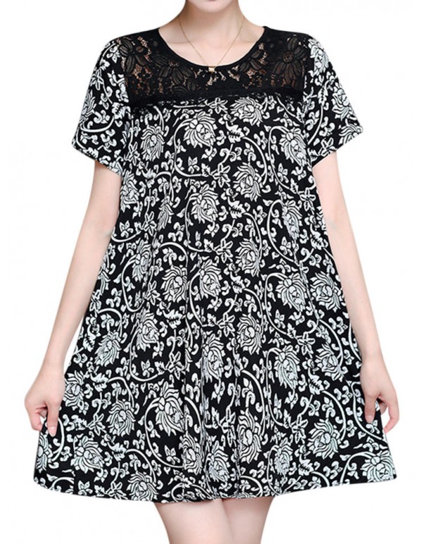 Women Sexy Lace Print Short Sleeved Dresses Round Neck Mini Dress