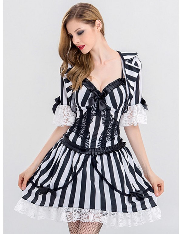 Halloween Sexy Vampire Cosplay Costume Women Striped Lace Patchwork Mini Dress