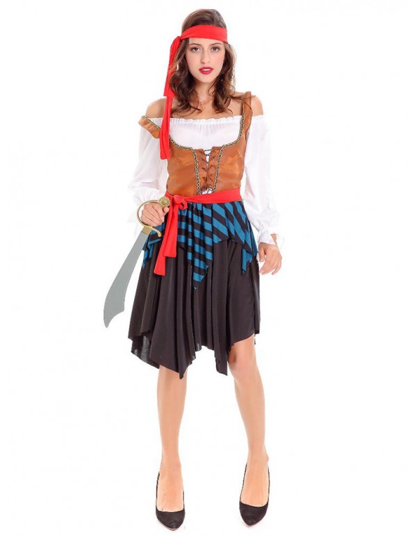 Halloween Pirate Costume Women Off Shoulder Long Sleeve Striped Patchwork Dress