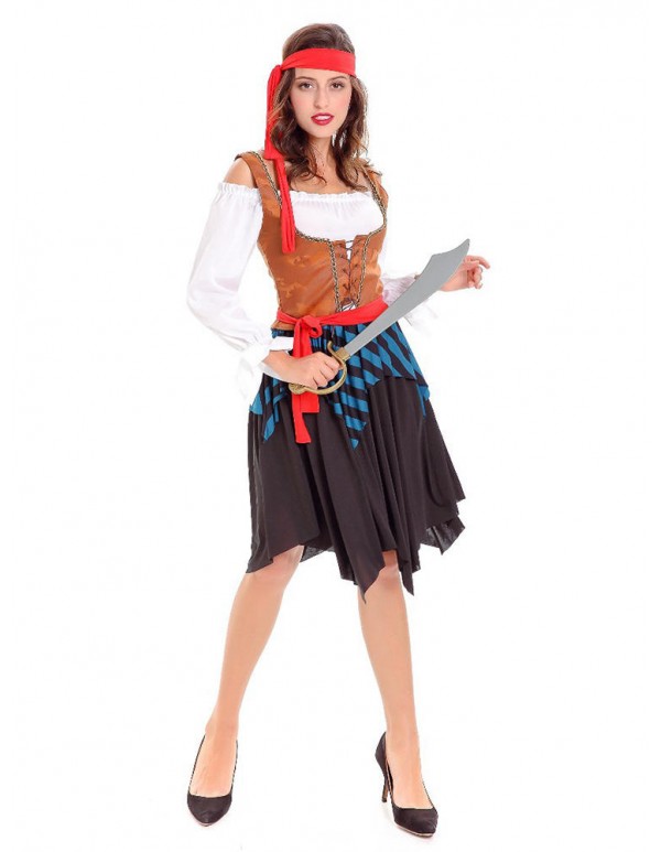 Halloween Pirate Costume Women Off Shoulder Long Sleeve Striped Patchwork Dress