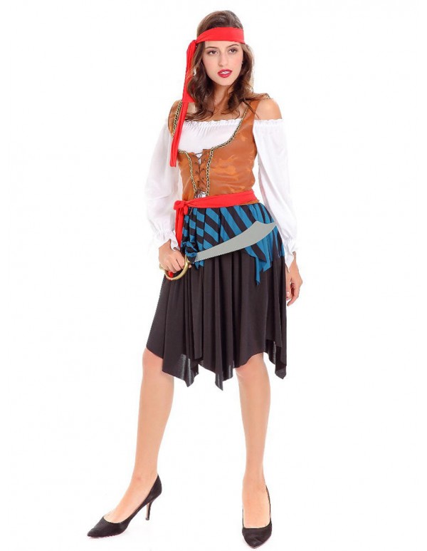 Halloween Pirate Costume Women Off Shoulder Long Sleeve Striped Patchwork Dress