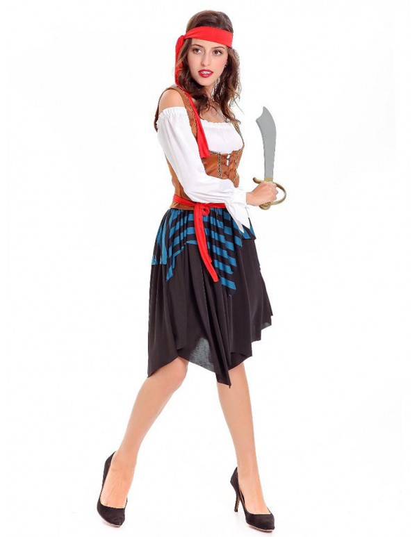 Halloween Pirate Costume Women Off Shoulder Long Sleeve Striped Patchwork Dress