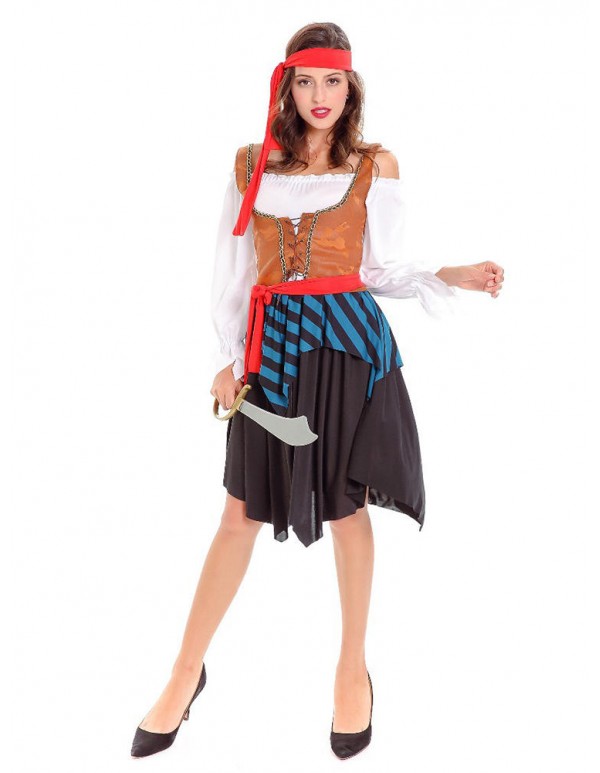 Halloween Pirate Costume Women Off Shoulder Long Sleeve Striped Patchwork Dress