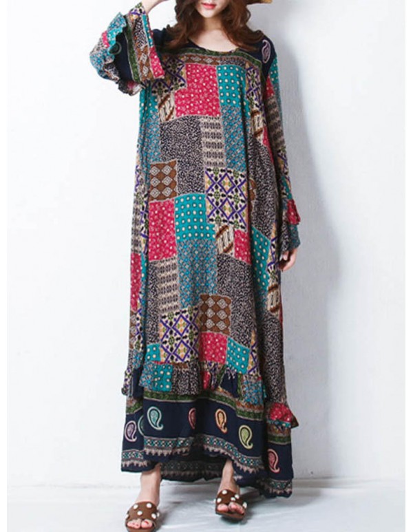 Retro Women Random Printed Patchwork Boho Maxi Dress