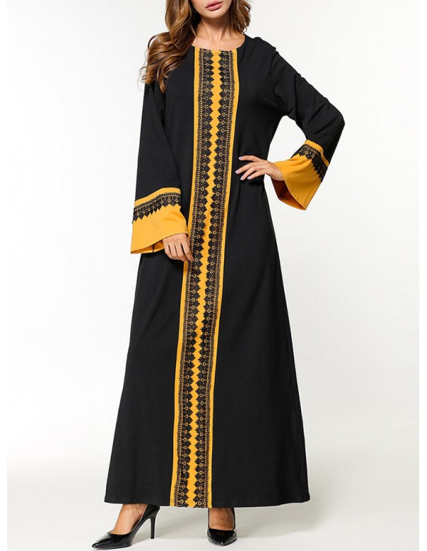 Contrast Color Lace Stitching Long Sleeve O-Neck Maxi Dress For Women