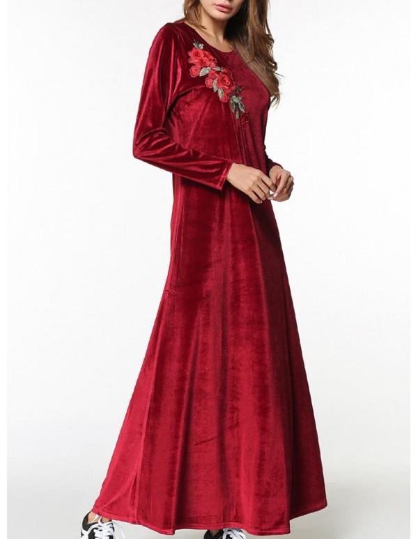 Velvet Women Long Sleeve O-Neck Floral Embroidery Maxi Dress