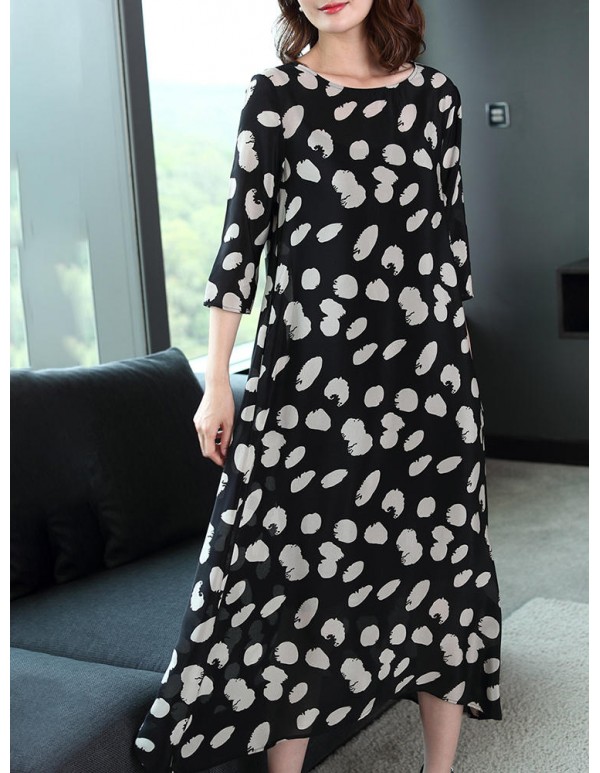 Summer Women Loose O-Neck Polka Dot 3/4 Sleeve Dress