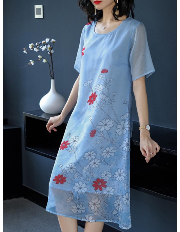 Women Casual Floral Print Short Sleeve O-neck Dress