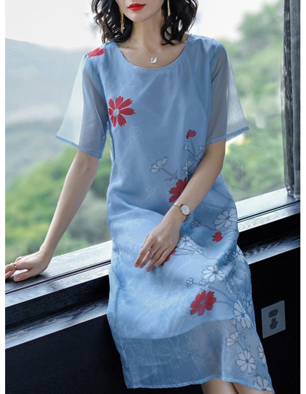 Women Casual Floral Print Short Sleeve O-neck Dress