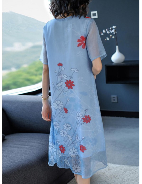 Women Casual Floral Print Short Sleeve O-neck Dress